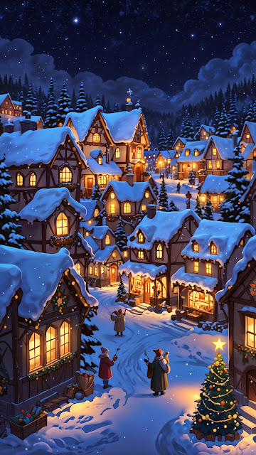 Cozy Snowy Village Under Starry Christmas Night - Free mobile Wallpaper