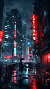 Lonely Figure Under Umbrella in Rainy Neon City Street