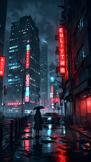Lonely Figure Under Umbrella in Rainy Neon City Street - Free mobile Wallpaper