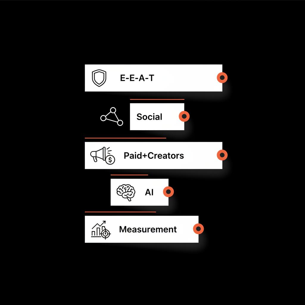 Minimal full-frame infographic on black background with stacked blocks labeled E-E-A-T, Social, Paid+Creators, AI, Measurement and subtle #dc5c2b accents — Forbes digital marketing