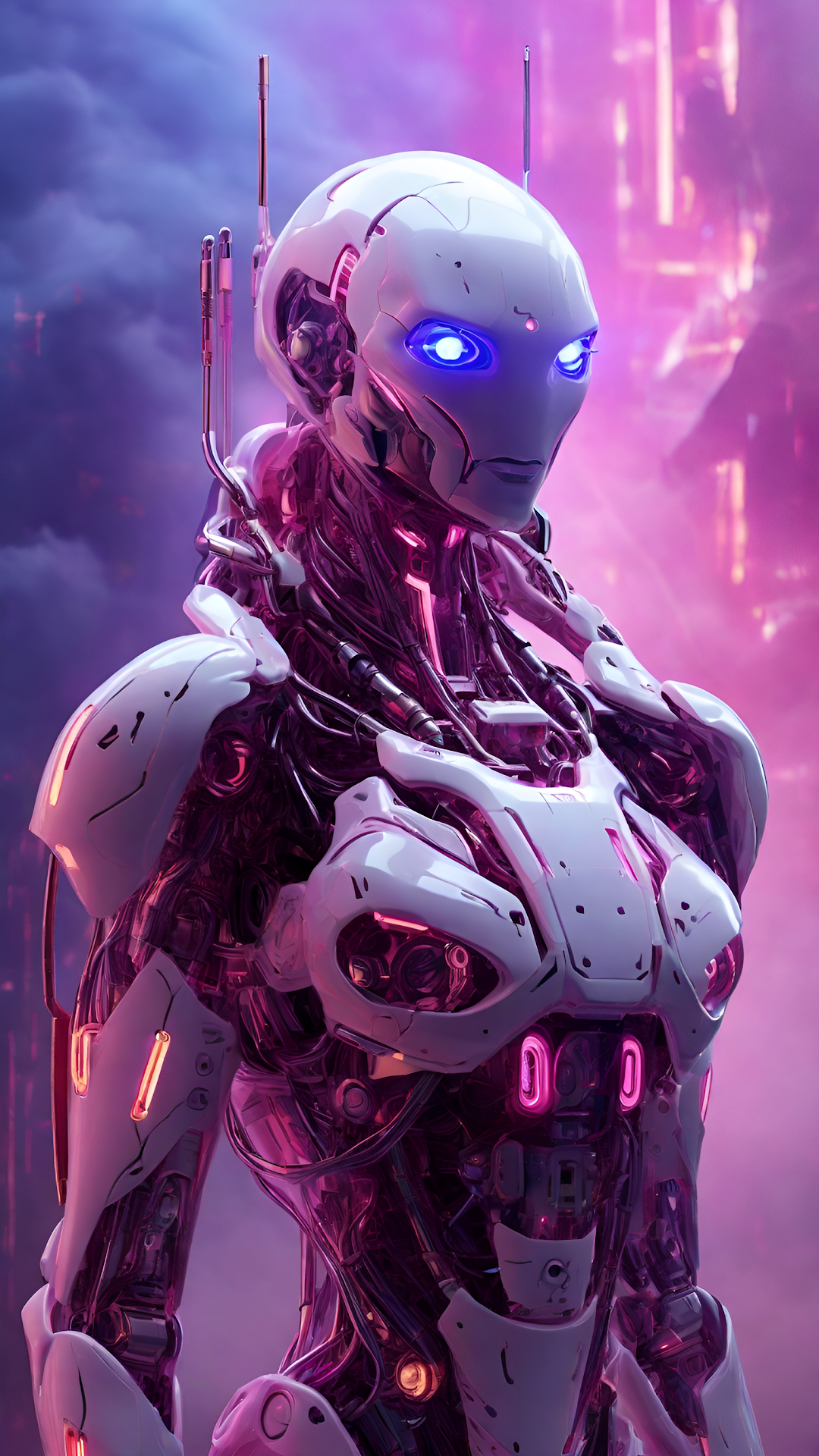 Neon Pink Cybernetic Android Portrait Glowing Blue Eyes - Free 4K mobile Wallpaper