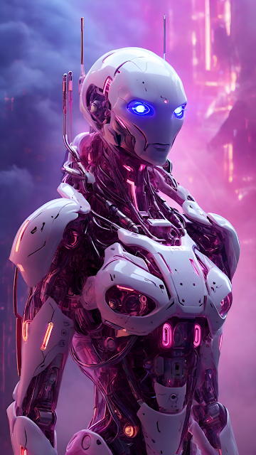 Neon Pink Cybernetic Android Portrait Glowing Blue Eyes - Free mobile Wallpaper