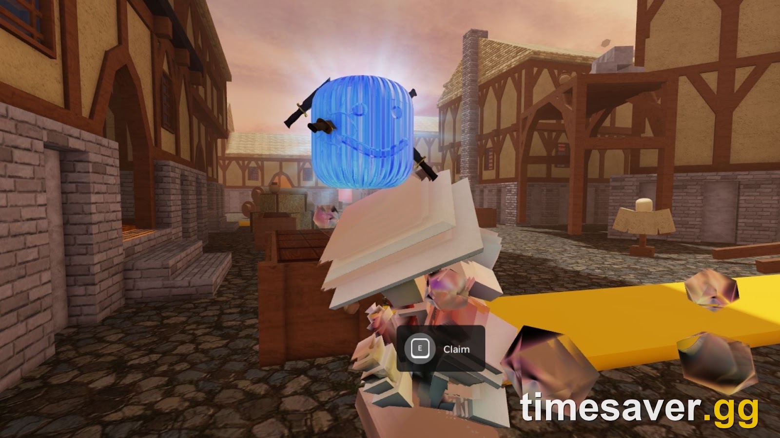 The Hunt: Roblox 20 event hub checkpoint with an on-screen Claim prompt and a golden key, where Murder Mystery 2's Knife-Dodger's Bighead is claimed at the 2014 stop