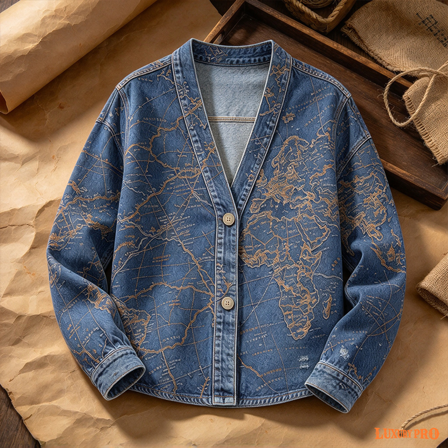AOP Faux Denim Textured Cardigan