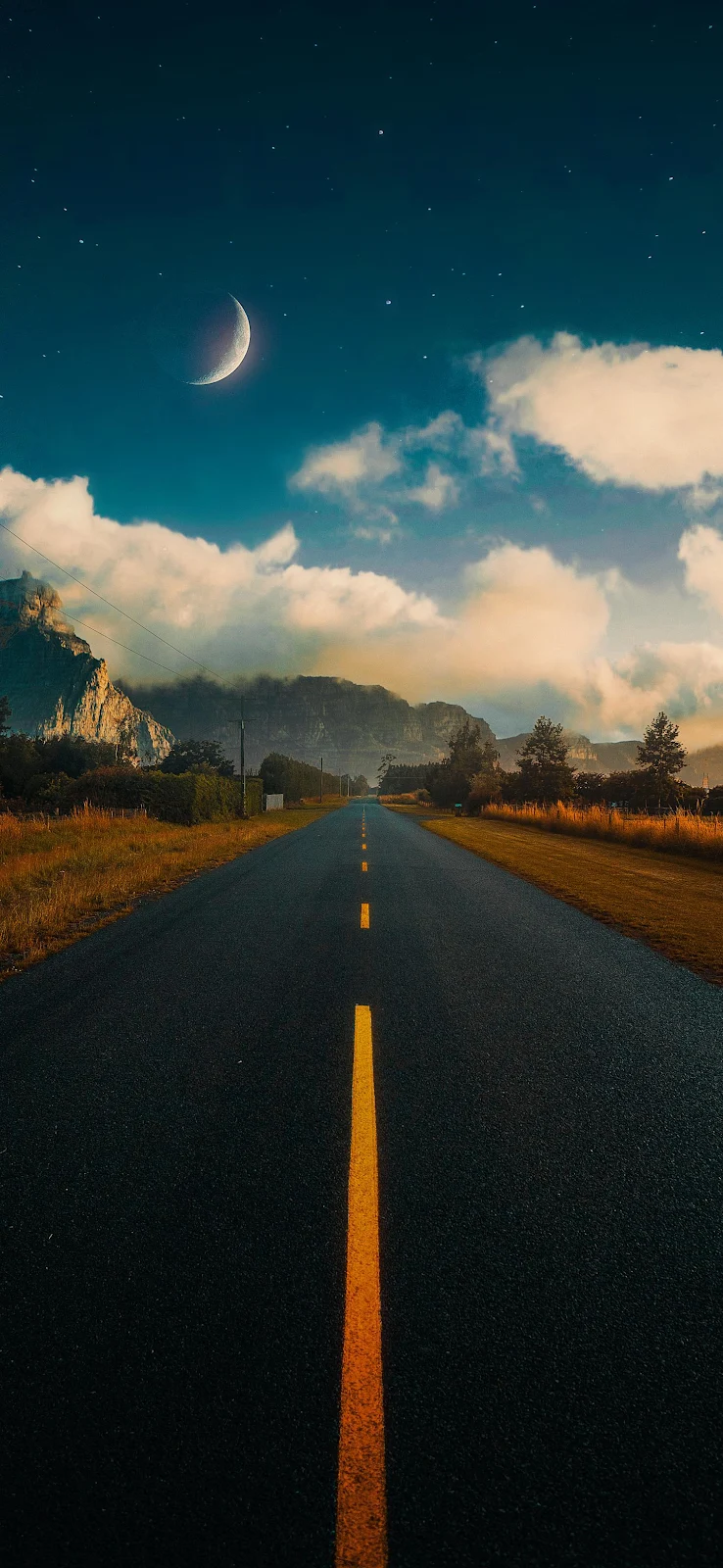 Long Road Under Crescent Moon - Night Landscape Photography 2K iPhone Wallpaper (1440x3120)
