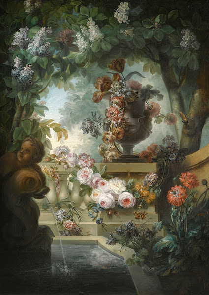 A Garden Scene With An Urn Of Flowers A Flower Garland And A Fountain Beneath A