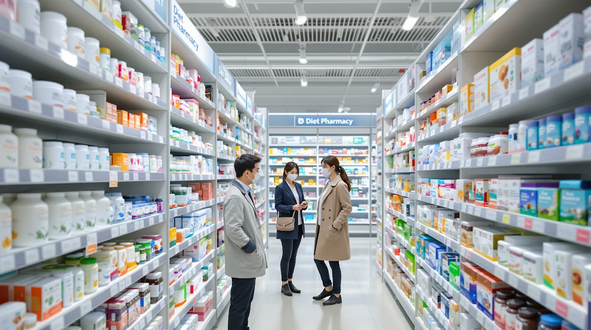 2025년 대형 약국과 온라인 쇼핑몰에서 40대 다이어트 영양제가 다양한 패키지와 형태(분말, 바, 캡슐, 슬릿 등)로 진열되어 있고, 40대 남녀 고객이 저칼로리·식물성·기능성 성분을 꼼꼼히 확인하며 제품을 고르는 모습