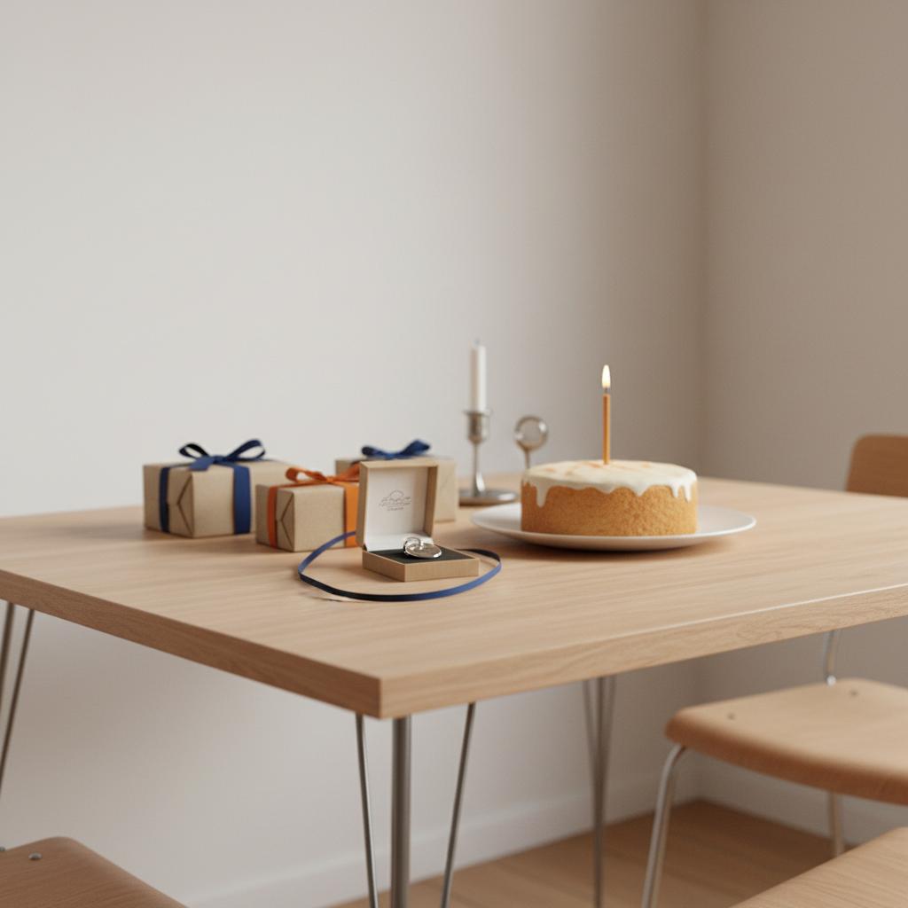 Nahaufnahme eines Esstisches mit kleinen Geschenken, offener Schachtel mit Metallanhänger und einfachem Vanillekuchen, warme industrielle Akzente — geschenkideen für großeltern