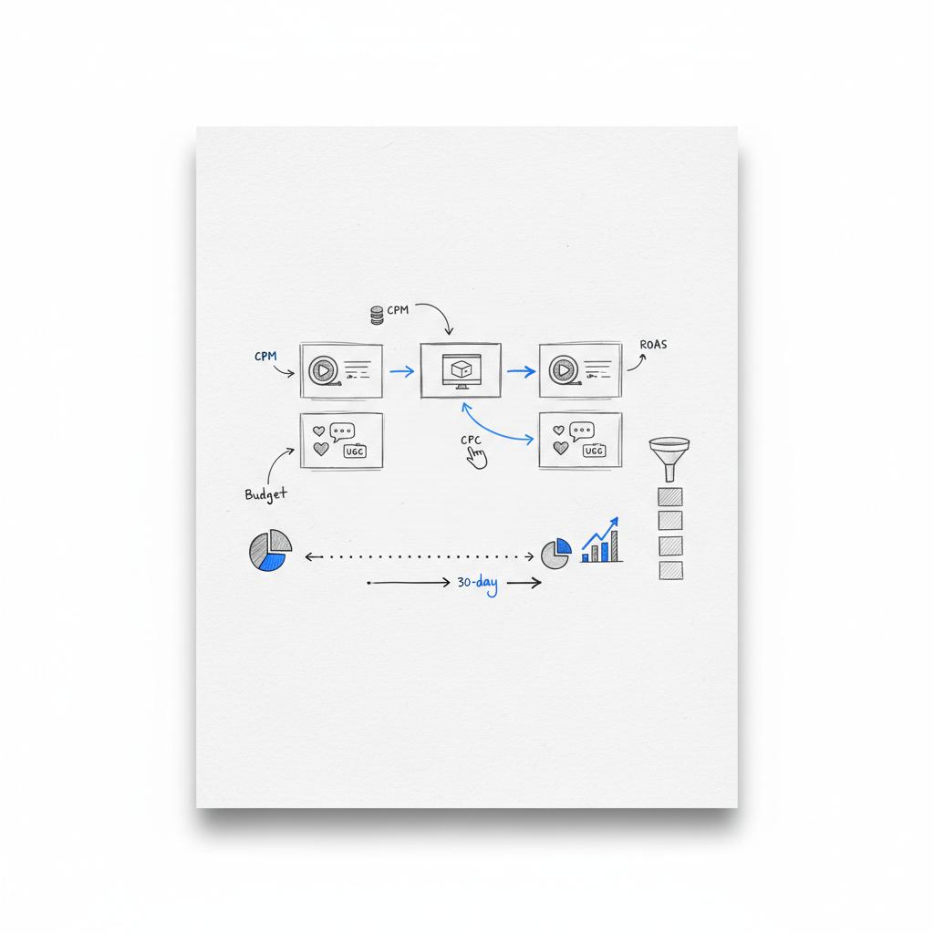 Flat-lay notebook sketch of a marketing sprint board with icon-only cards for Reel, UGC, Demo, a 30-day dotted timeline and metric icons for CPM, CPC, ROAS, Instagram advertising ROI