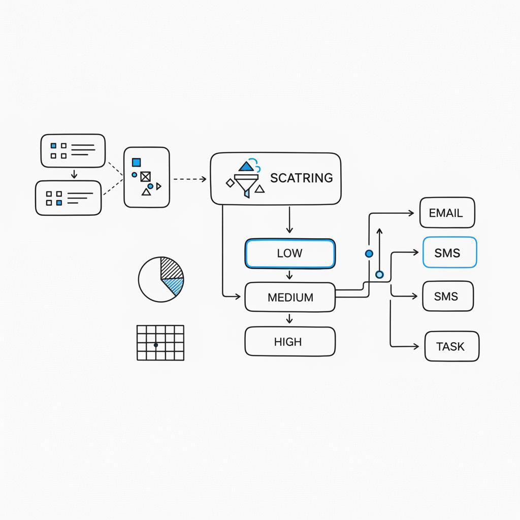Minimalist 2D vector CRM flowchart showing how lead generation platforms feed a CRM: lead capture, three-tier scoring, and automated follow-up branches with blue priority accents.