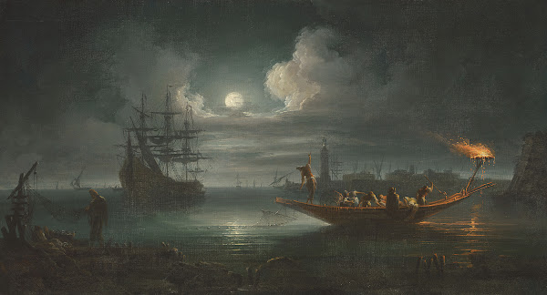 A moonlit Mediterranean harbour with fishermen pulling in their catch a full rig
