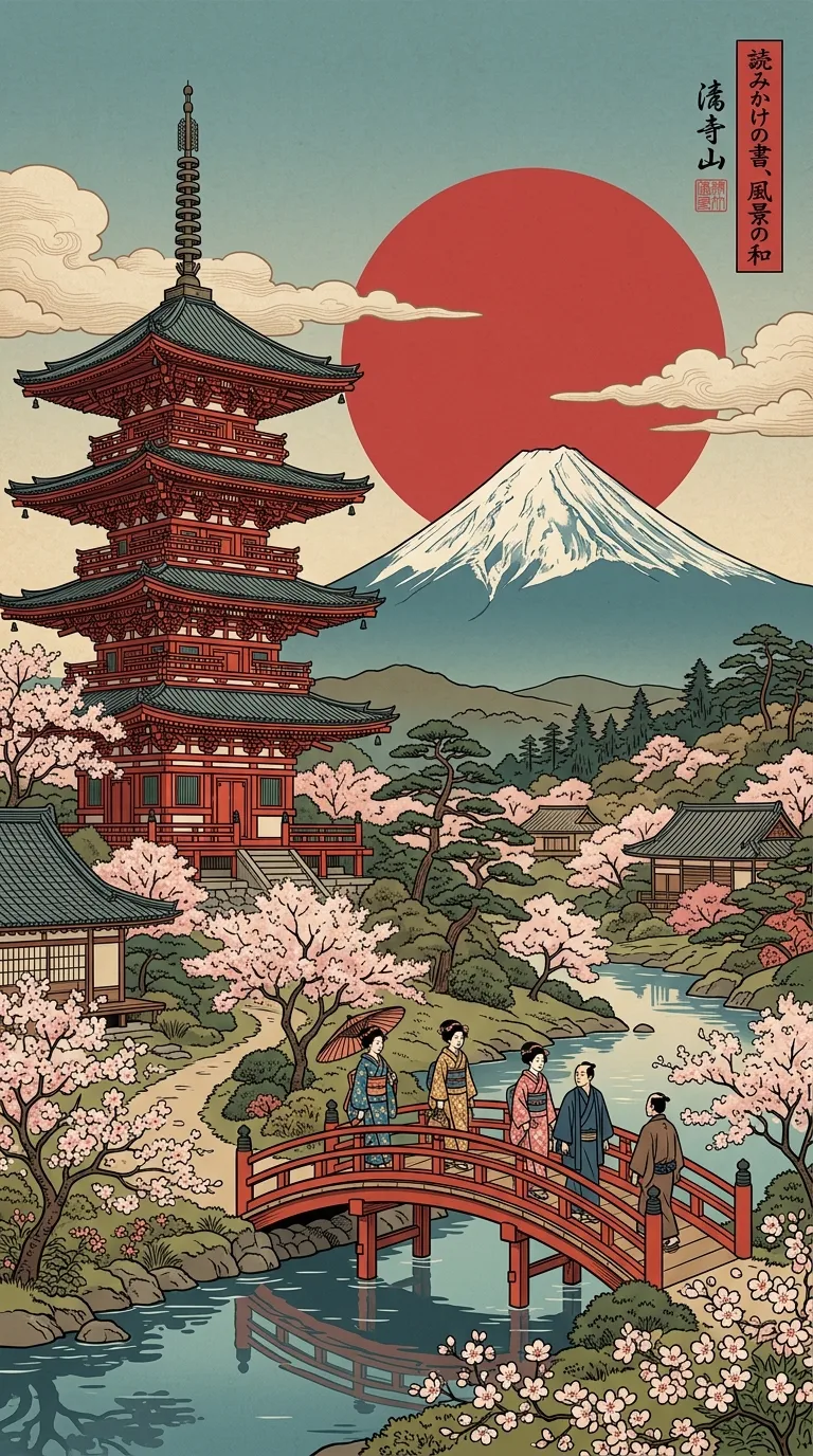 Traditional Japanese Pagoda and Mt Fuji Illustration - Free 8K and 4K mobile Wallpaper Background