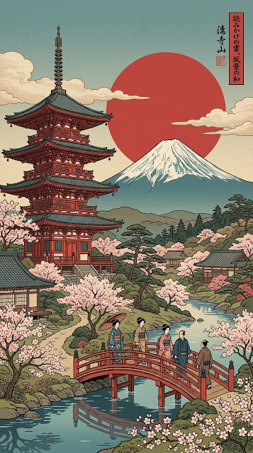 Traditional Japanese Pagoda and Mt Fuji Illustration - Free mobile Wallpaper