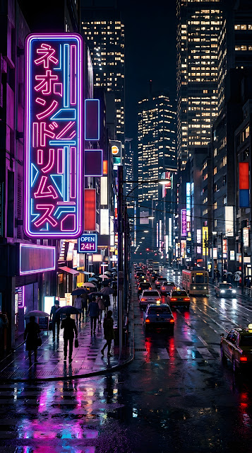 Hyper-Realistic Neon City Street Nightscape - Free mobile Wallpaper