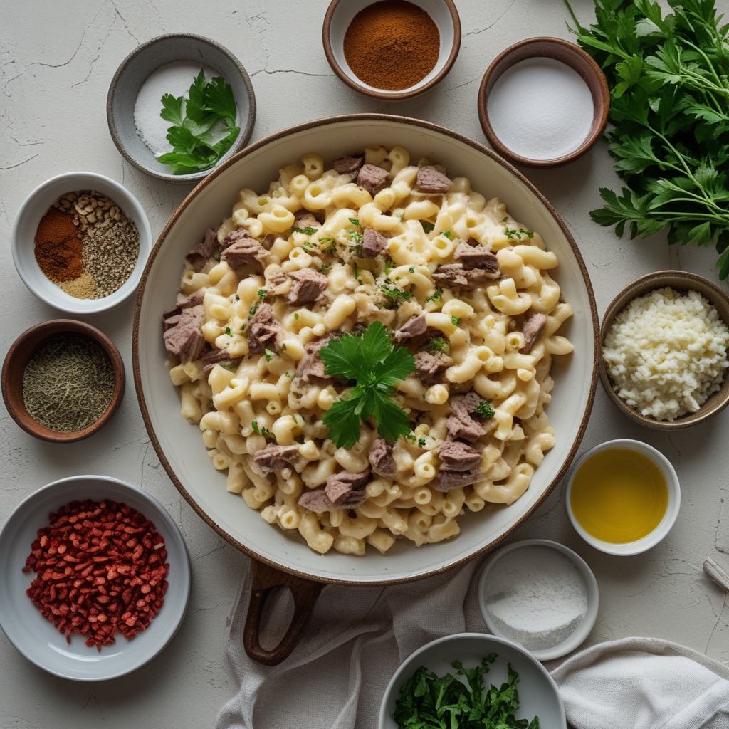 Ingredients for High-Protein Creamy Philly Cheesesteak Mac & Cheese Bliss - Easy Comfort Food