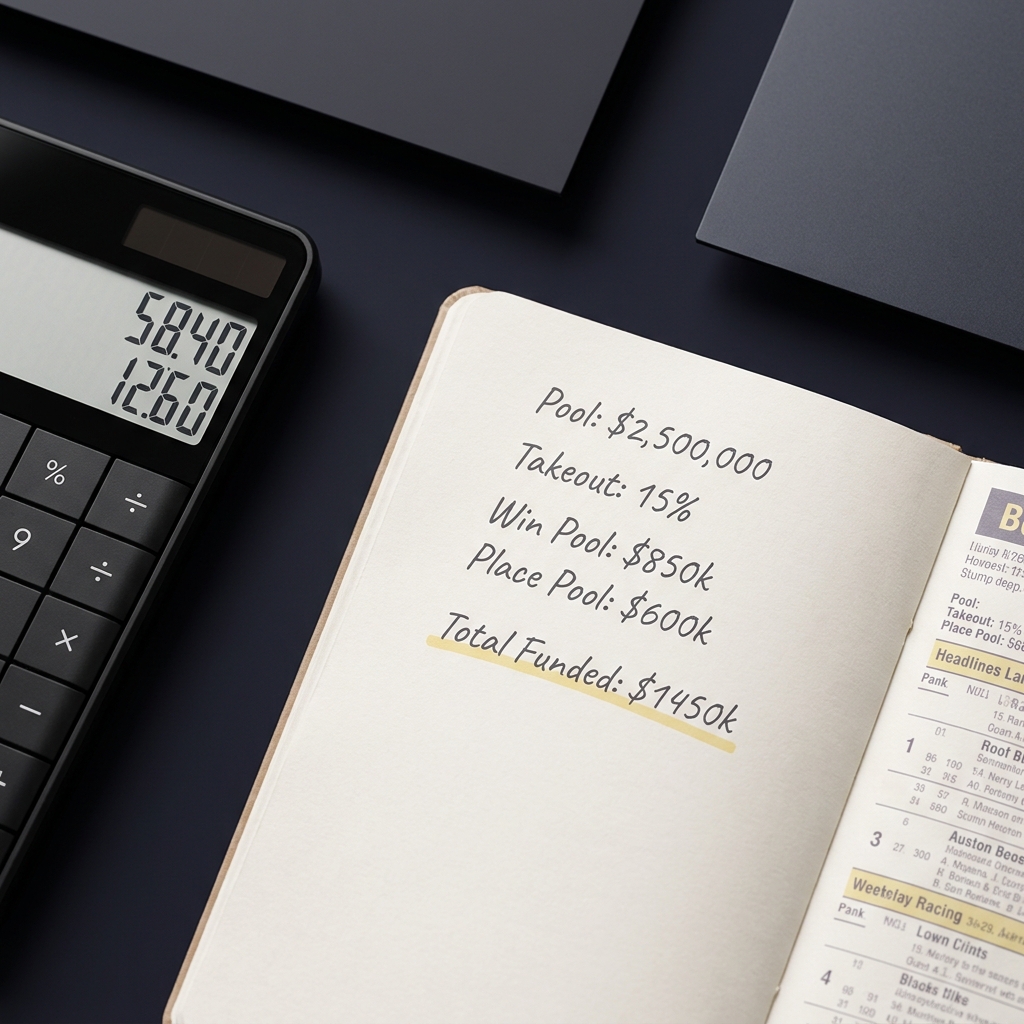 Close up of a calculator and horse racing form sheet with handwritten pool and takeout notes minimalist Funded Plays style payout calculator horse racing