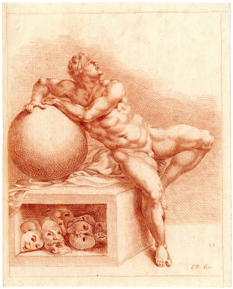 Tekening van zittende man met bol en maskers de Droom