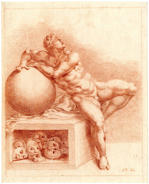 Tekening van zittende man met bol en maskers de Droom