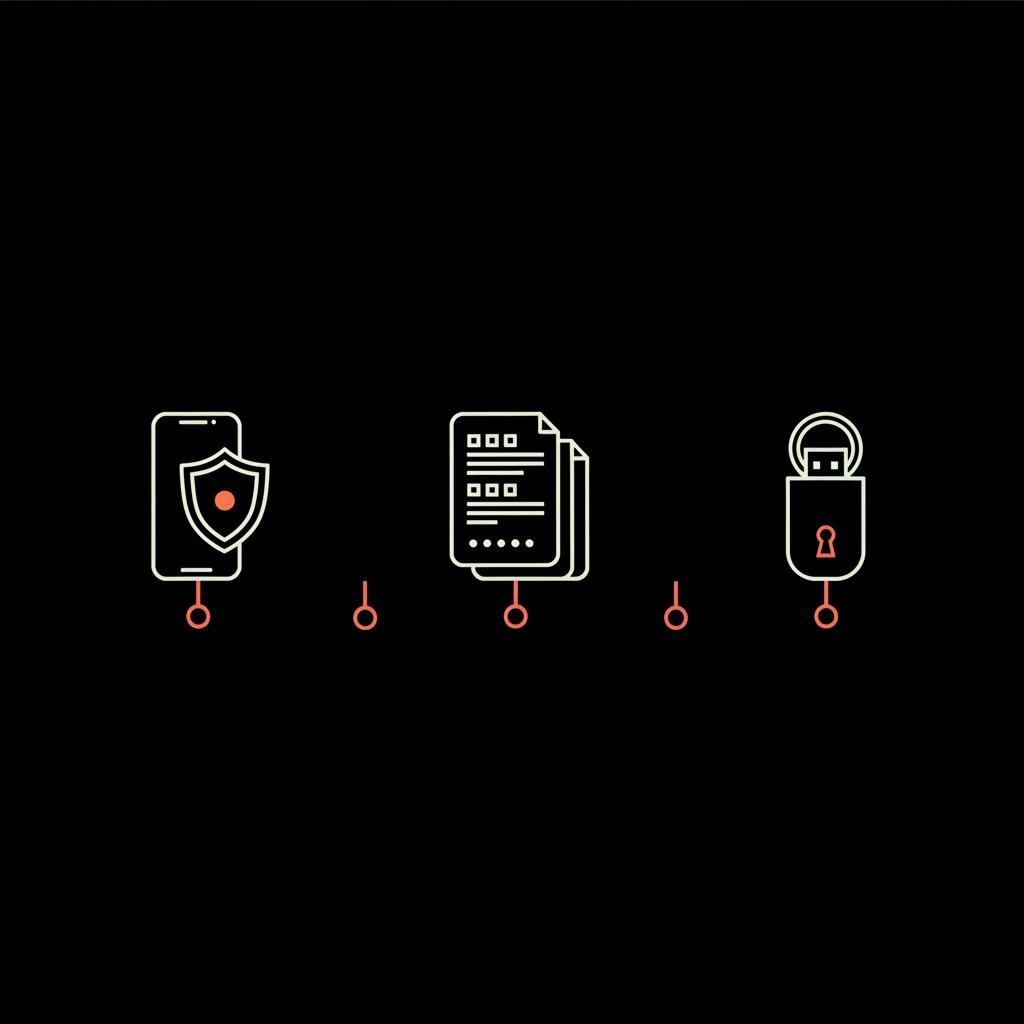 Minimal vector infographic for google account recovery showing icons for authenticator app, printed backup codes, and a security key on black background.