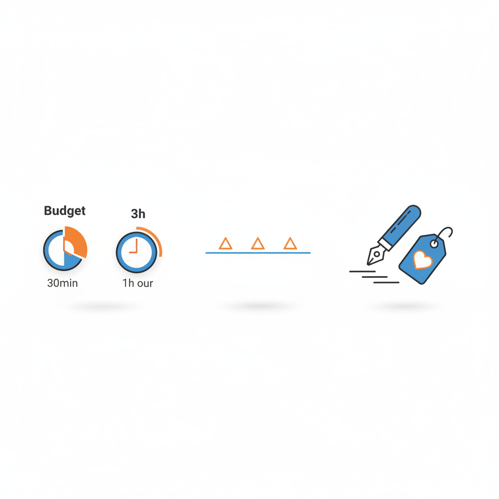 Minimalistische 2D-Infografik mit Vektor-Icons zeigt Zeitaufwand (drei Uhren), Budget-Skala und Gravur-Symbol in Steelmonks-Farben – DIY geschenke beste freundin