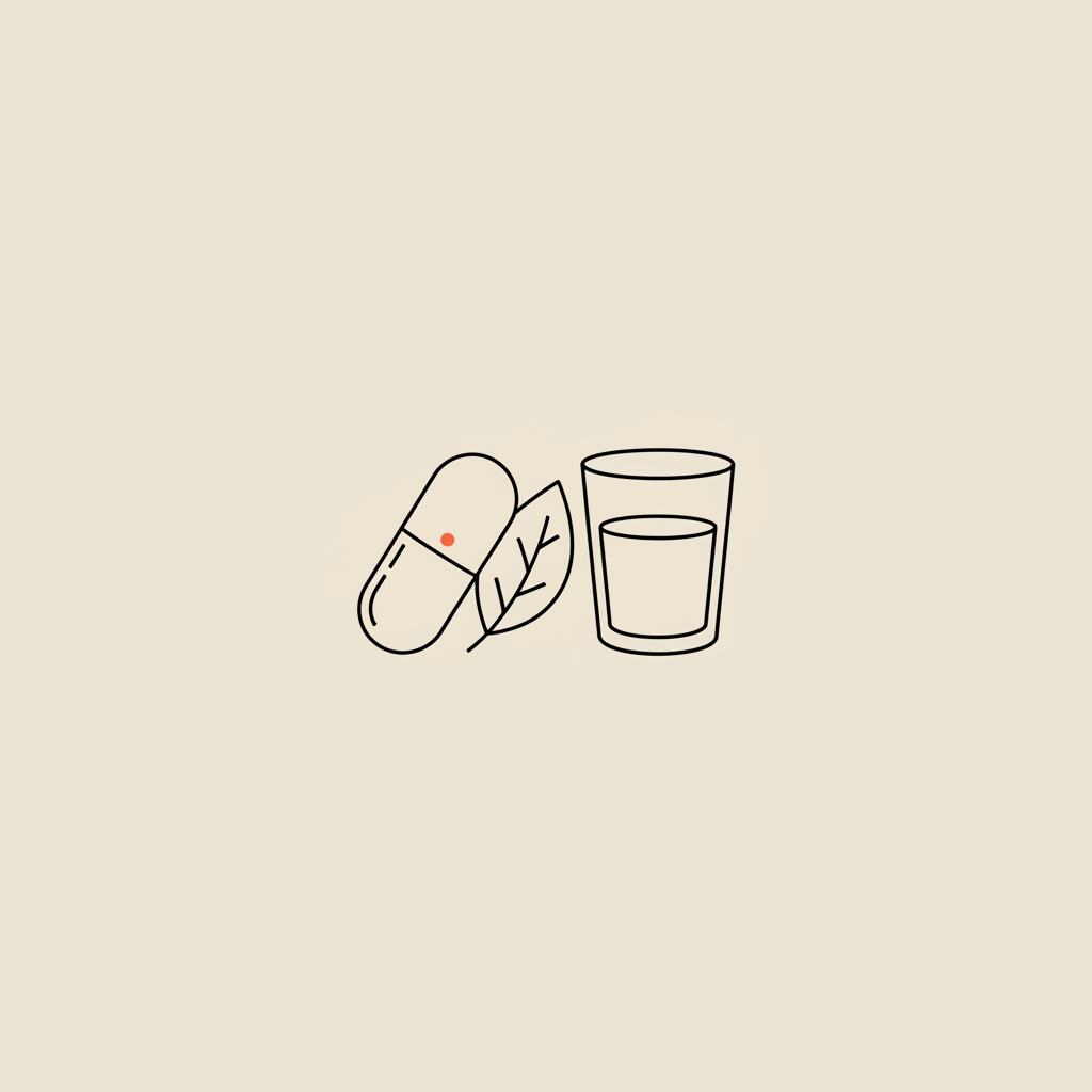 Minimal Tonum-style line illustration of a capsule, herb leaf, and small water glass on beige background for ashwagandha pregnancy.