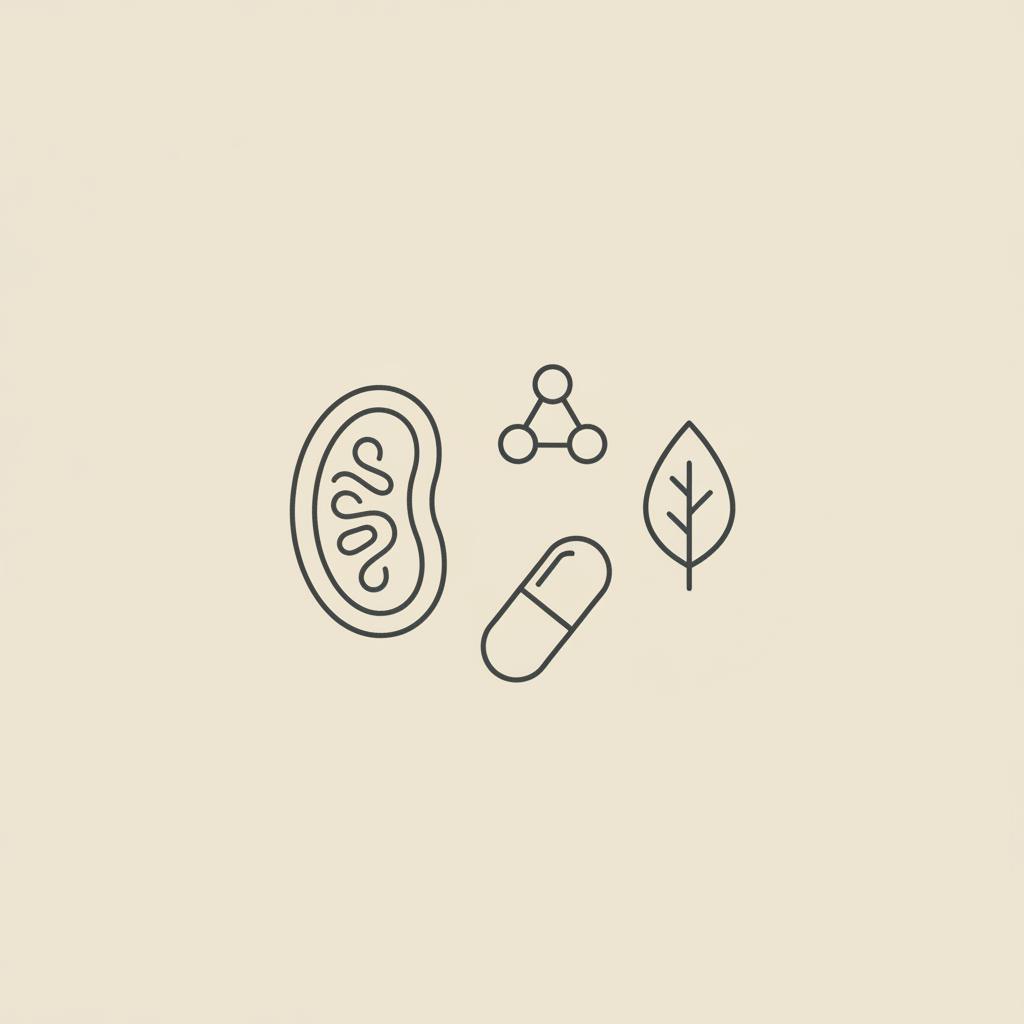 Minimal Tonum-style vector line illustration of a mitochondrion with a small molecular ATP-style icon, capsule, and leaf on a beige background, representing NAD and cellular energy.