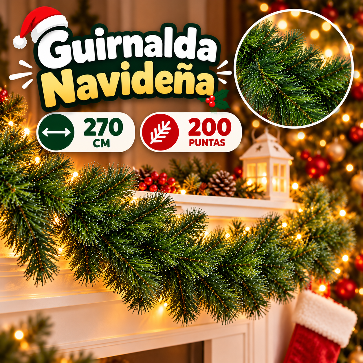 Guirnalda de pino artificial 2,7 m 200 puntas
