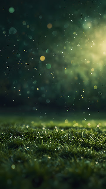 Lush Green Grass with Dew and Bokeh Lights - Free mobile Wallpaper