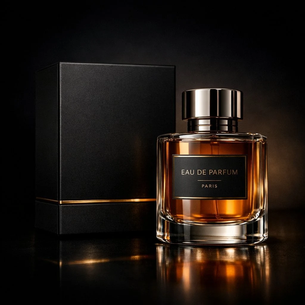 Fotografía de productos de perfumería de lujo en un estudio cinematográfico oscuro.