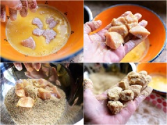 Trong 1 tô khác, cho bột chiên giòn vào. Thấm khô miếng lườn gà, nhúng lườn gà vào lần lượt hỗn hợp bột mì, trứng gà, bột chiên giòn.