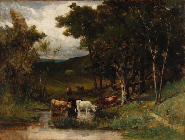 Untitled landscape with cows in stream near trees 1882