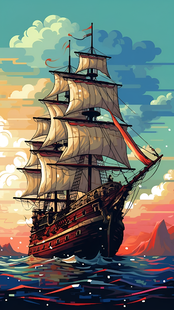 Vibrant Pirate Galleon Sailing Ship Ocean Adventure Art - Free mobile Wallpaper
