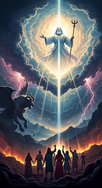 Divine Light Descending Upon Worshippers in Fiery Valley - Free mobile Wallpaper