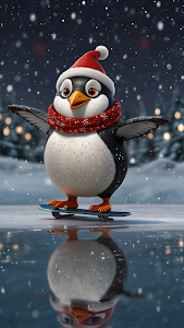 Cute penguin in Santa hat skateboards on icy lake at night