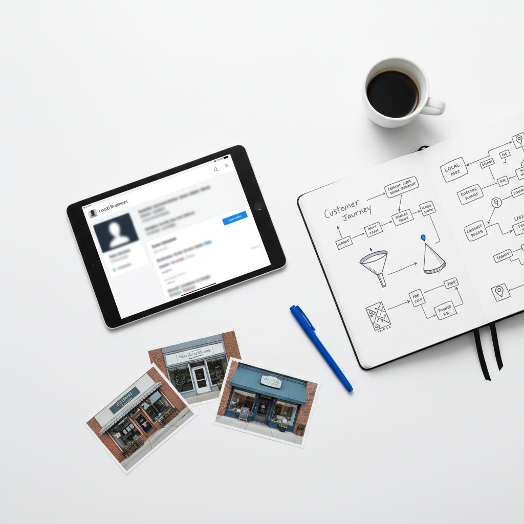 Minimal white desk with tablet showing a blurred local business profile, open notebook with marketing sketches, printed storefront photos, coffee and blue pen &mdash; Yelp advertising benefits