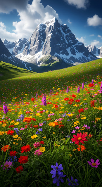 Majestic Alpine Meadow Snow Capped Mountains Wildflowers - Free mobile Wallpaper