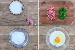 Hoà tan 1 muỗng canh giấm trắng vào 120ml sữa tươi rồi để yên cho sữa tạo kết tủa (hỗn hợp này sẽ giúp bánh nở tơi xốp hơn). Cắt nhỏ hành lá, xúc xích thành hạt lựu. Sau đó, rây min bột mì, bột nở, đường và muối trong 1 cái tô. Cho sữa đã hoà tan với giấm vào 1 cái tô lớn rồi cho 20g bơ lạt đã đun chảy cùng 1 quả trứng gà vào đánh đều cho hoà quyện.