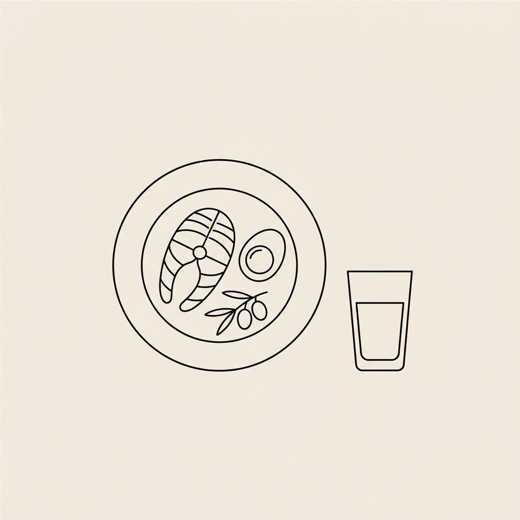 Minimalist vector line illustration of a plate with a fish fillet, halved egg, olive branch and water glass for a 2 week liver reduction diet