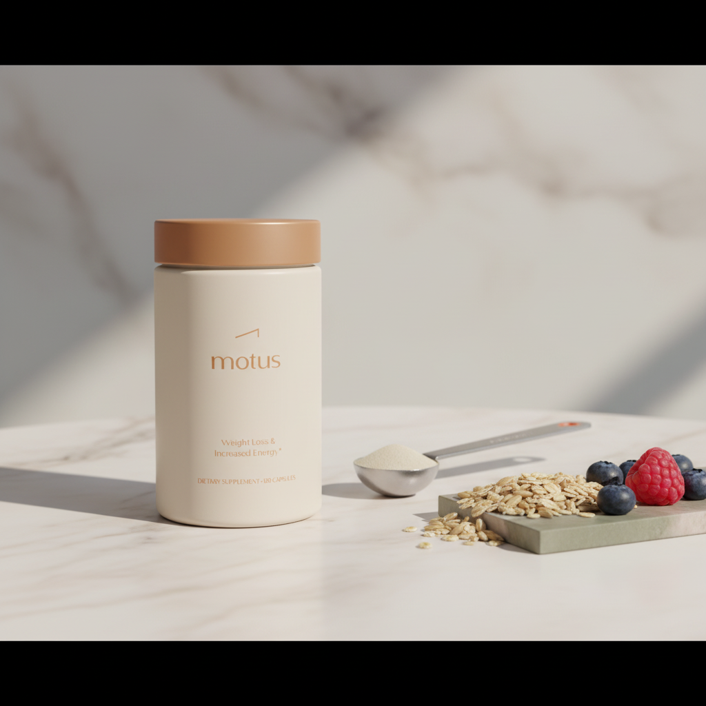 Tonum Motus supplement jar on marble tabletop with measuring spoon, whole grains and berries in minimalist wellness scene — vitamin B12 for weight management