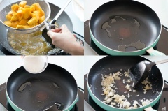 Lúc này bạn vớt khoai ra để ráo dầu. Trong một chảo chống dính, cho vào khoảng 1-2 muỗng canh dầu ăn, khi dầu nóng đều thì bạn cho đường trắng vào (ở lửa nhỏ).