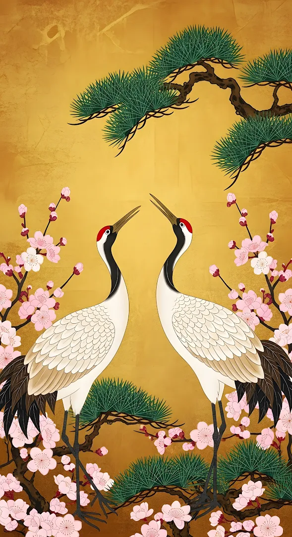 Traditional Japanese Cranes and Sakura Golden Screen Art