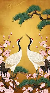 Traditional Japanese Cranes and Sakura Golden Screen Art