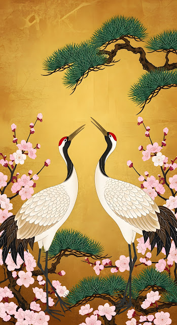 Traditional Japanese Cranes and Sakura Golden Screen Art - Free mobile Wallpaper