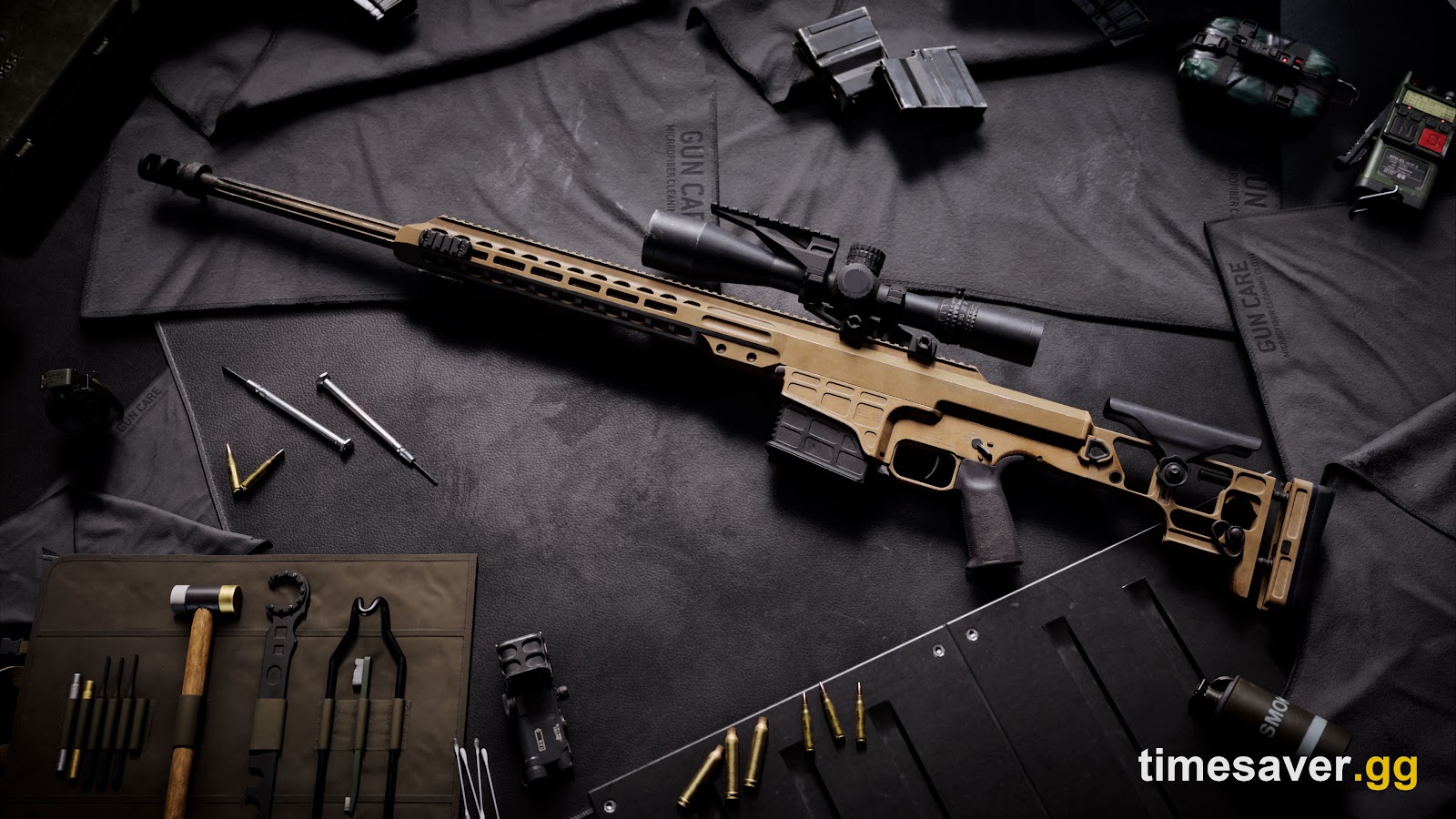 Battlefield 6 bolt-action sniper rifle with a large telescopic scope and gunsmith tools