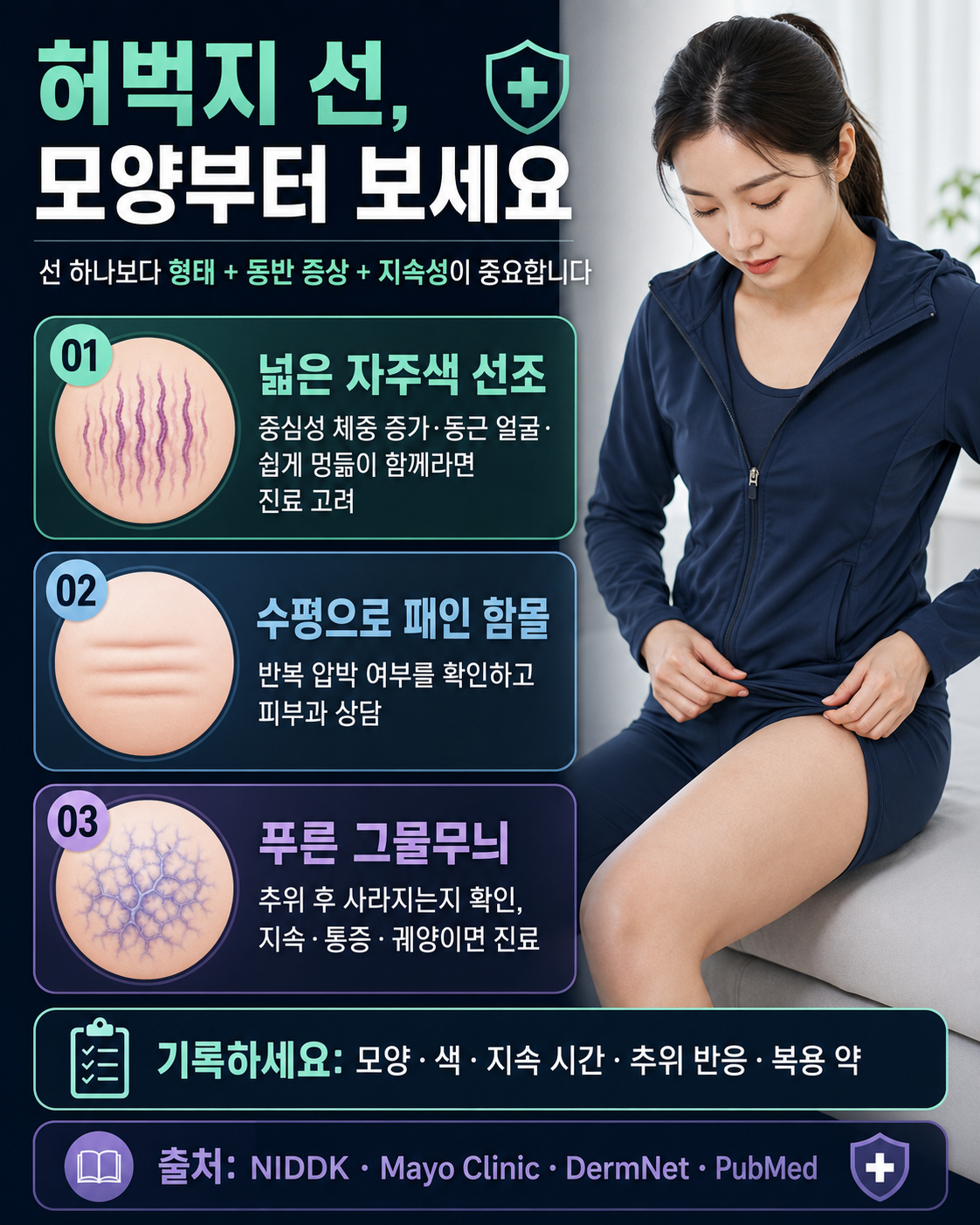 허벅지 선의 자주색 선조 수평 함몰 푸른 그물무늬 구분법