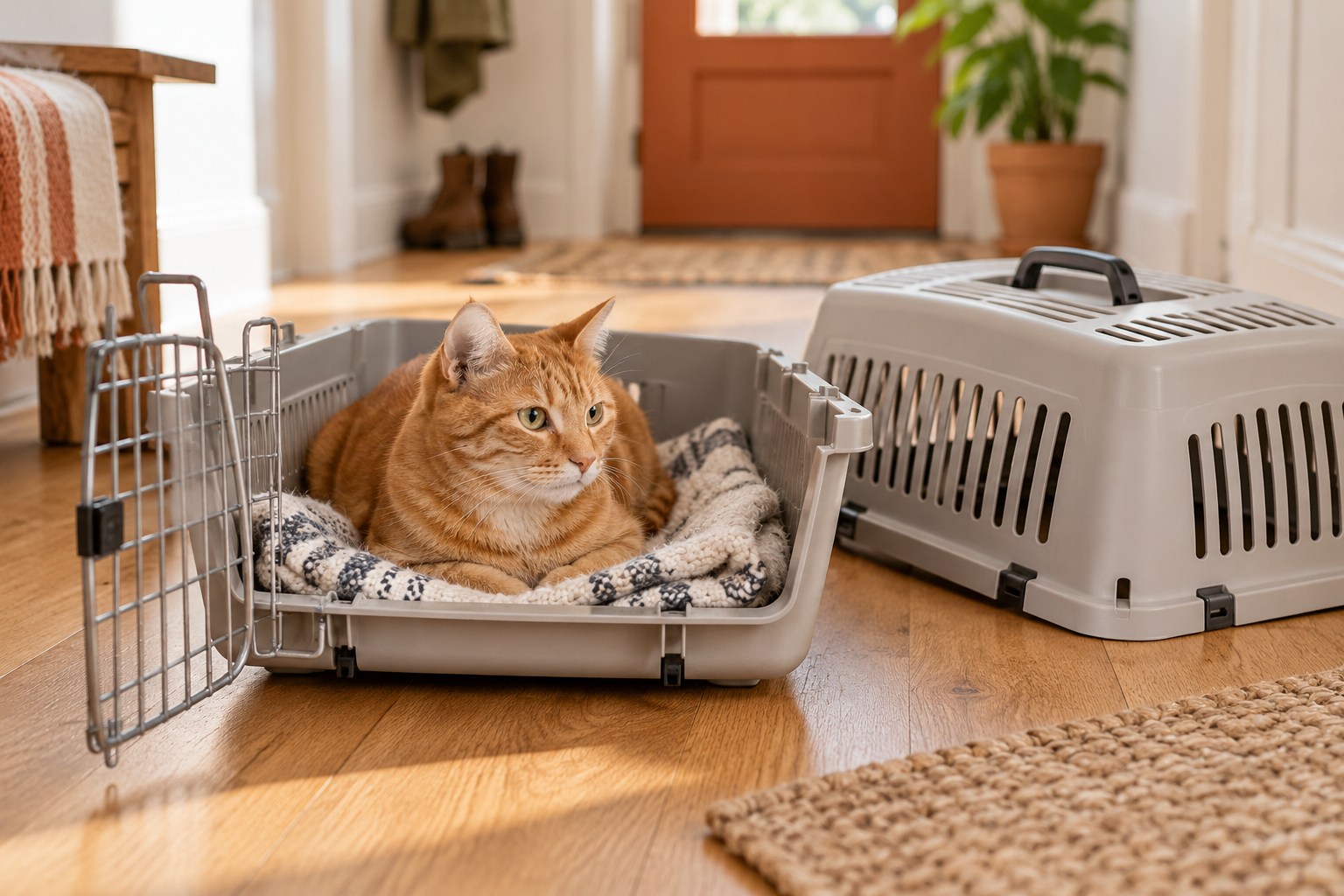 Eine Katze liegt im Unterteil einer geöffneten Transportbox; das Oberteil ist abgenommen.