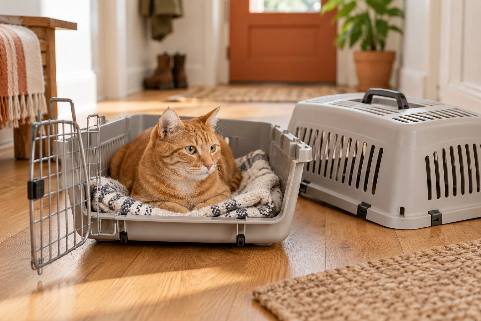Eine Katze liegt im Unterteil einer geöffneten Transportbox; das Oberteil ist abgenommen.