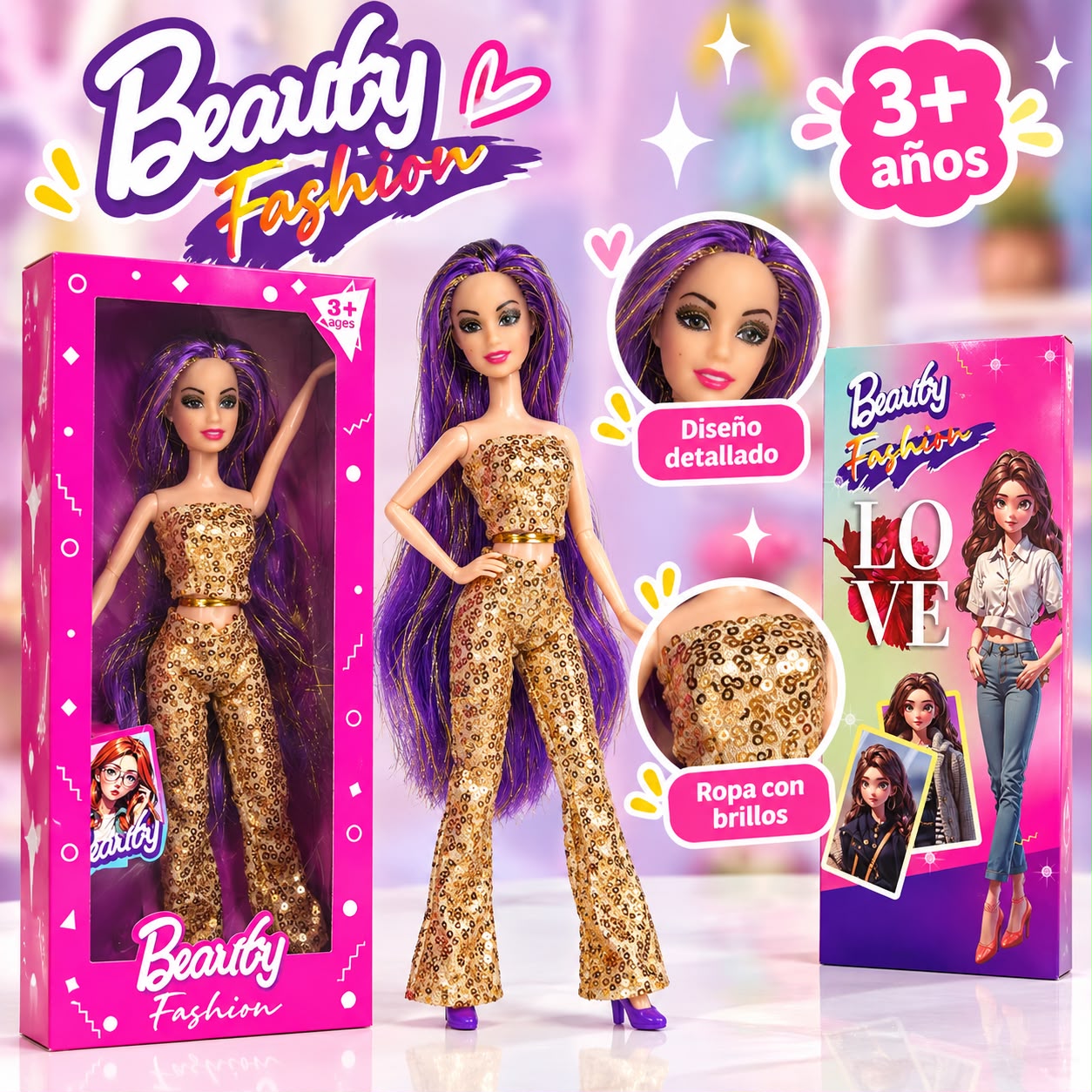 Muñeca Beauty Fashion con vestido dorado y pelo lila