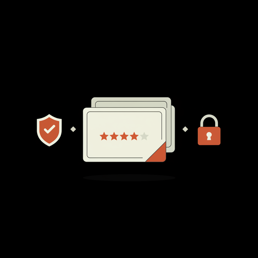 Minimal 2D vector infographic of stacked review cards with one highlighted in accent #dc5c2b, accompanied by shield and padlock icons symbolizing Google review removal and protection.