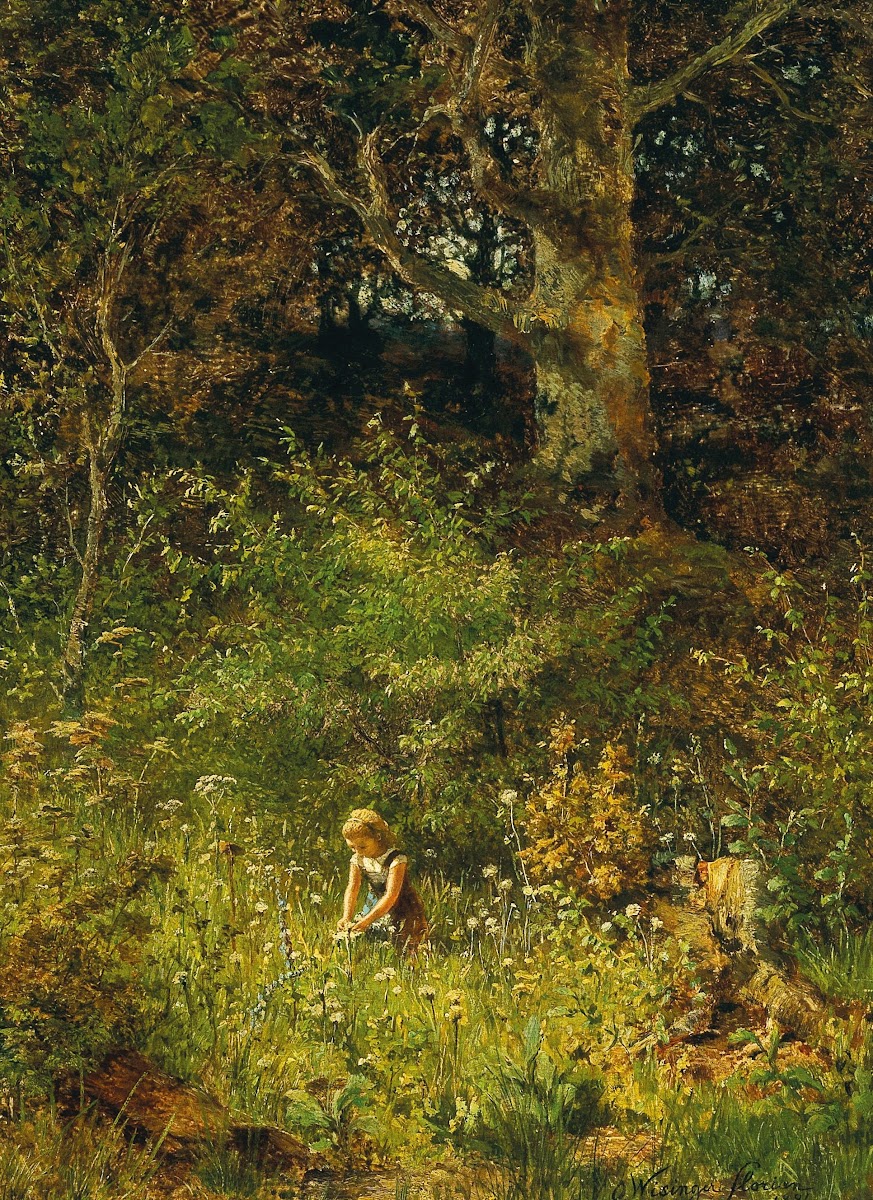 A girl gathering flowers in a forest glade